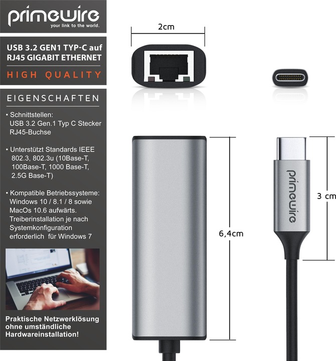 Produktbild Primewire Netzwerkadapter USB 3.2 Typ C zu RJ45 Buchse LAN Adapter, Netzwerk Adapter 2500Mbps Gigabit Ethernet (USB-C 3.2 Gen 1, RJ45 2.5 Gigabit Ethernet (1x))