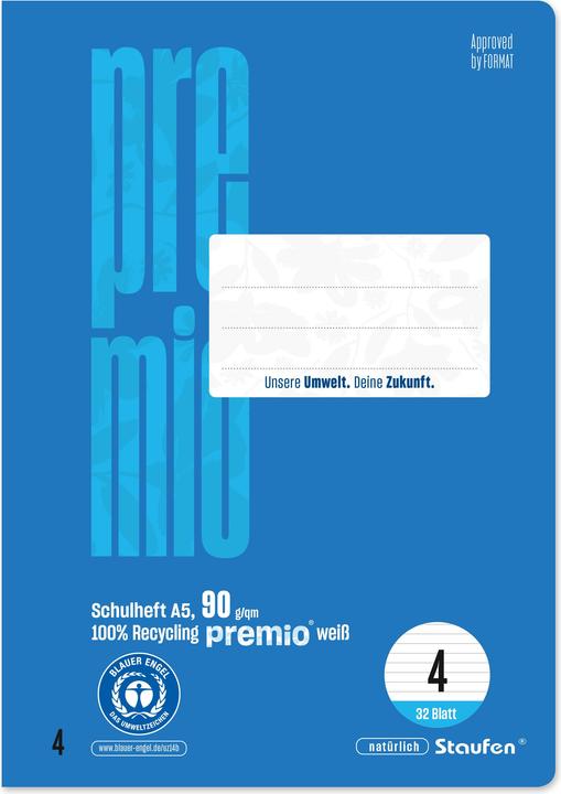 Produktbild Staufen Schulheft Premio, DIN A5 = 14,8 cm x 21,0 cm, 10mm liniert, 4, 32 Blatt, farbig mit Motiv (A5, Liniert, Weicher Einband)
