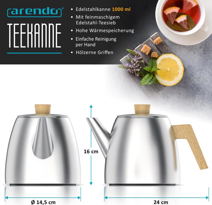 Produktbild Arendo Teekanne aus Edelstahl mit Holzgriff, Siebeinsatz, 1L, Isolierkanne, Doppelwandig, Edelstahl Teesieb (1 l)