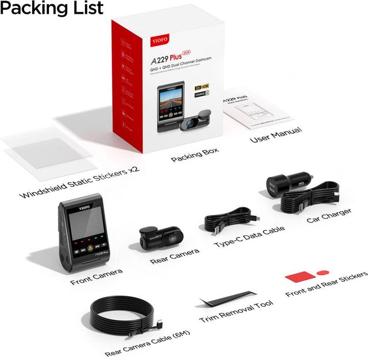 Image du produit Viofo A229 Plus 2CH - Double caméra de recul (Microphone intégré, Récepteur GPS, Écran intégré, Bluetooth, Accéléromètre, Vision nocturne, 2K)