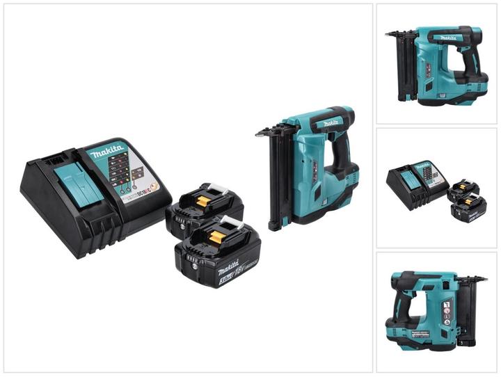 1x Makita DBN 500 cordless upright nailer, 2x Makita BL 1830 B 18 V 3.0 Ah battery, 1x Makita DC 18 RC battery charger