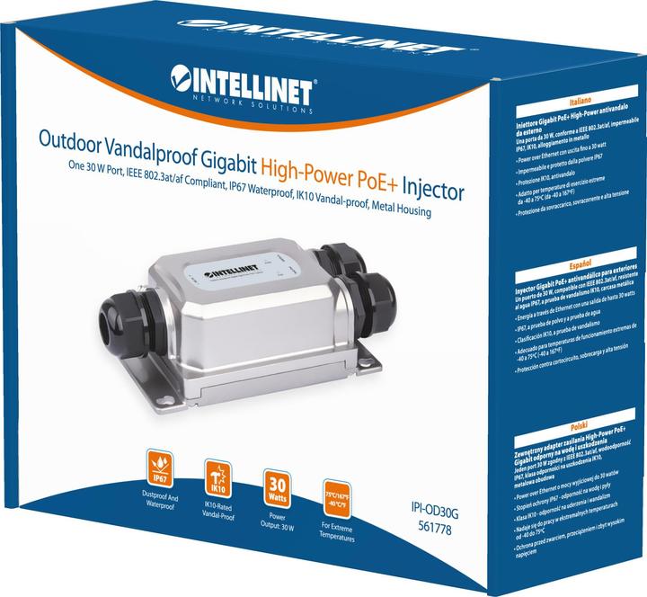 Actual product image Intellinet Outdoor Gigabit High-Power PoE+ Injector with Vandal Protection (802.3at (PoE+), 30 W)