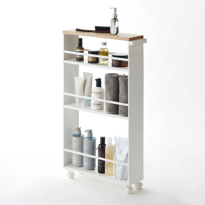 Actual product image Yamazaki Narrow trolley with wooden shelf TOWER