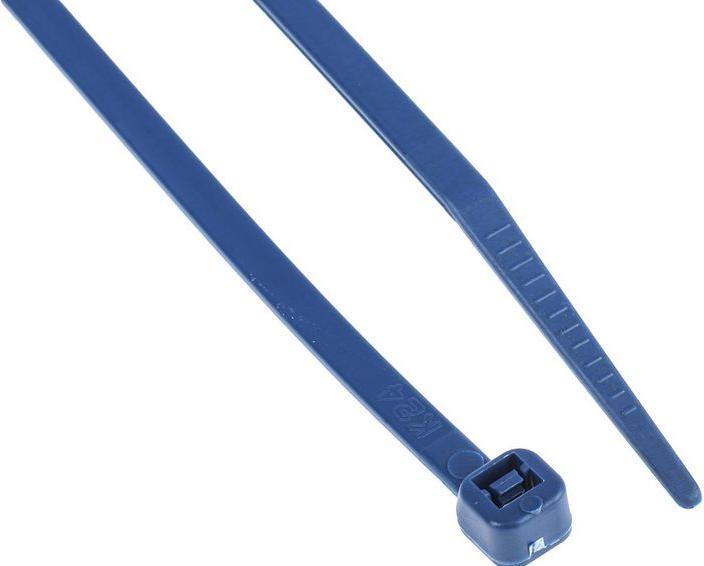 Actual product image RS PRO Cable ties with detectable metal content 150 x 3.6mm, polyamide 6.6 MP, 147.1N, blue (Plastic cable ties, 150 mm)