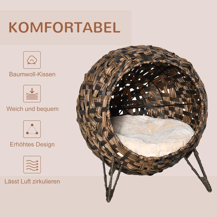 Produktbild Swisshandel24 Katzenhaus aus Rattan mit Kissen Katzenschlafplatz Katzenhöhle mit erhöhten Füssen Braun Ø52 x 58 cm (Katze)