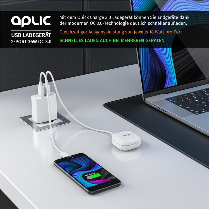 Actual product image Aplic USB charger, 2-port Quick Charge USB charger 36 W / 6000 mA / fast charging function, white (36 W, 2 ports)