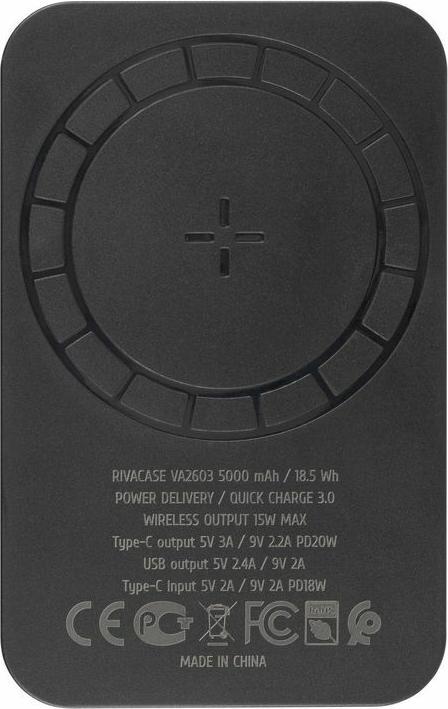 Immagine prodotto Rivacase VA2603 Powerbank wireless Magsafe Qi 15W, batteria esterna con ricarica rapida QC/PD 22.5W 5000 mAh (5000 mAh, 22.50 W, 18.50 Wh)