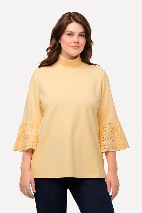 Image du produit Ulla Popken Sweat-shirt à col montant et manches 3/4, dentelle et coton bio (50, 52)