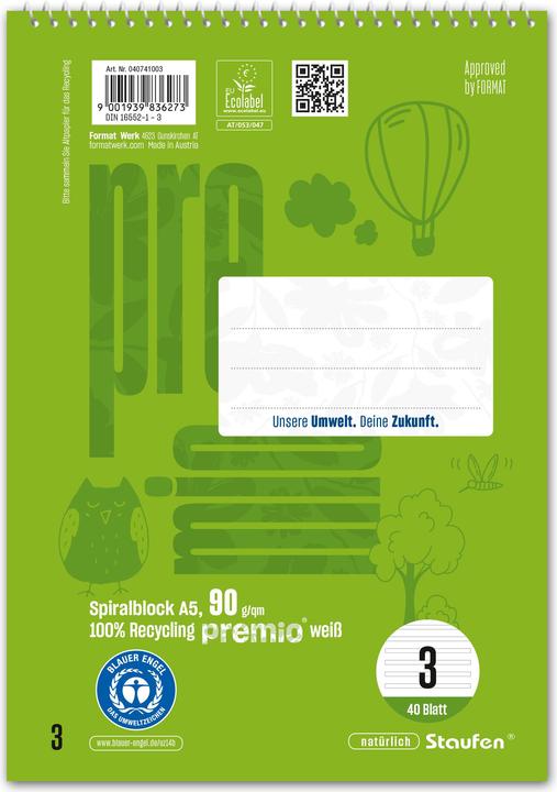 Produktbild Staufen Spiralblock Premio, Spiralbindung Kopf, 90 g/qm, A5, 14 Doppellinien, LIN3, 40 Blatt (A5, Liniert, Weicher Einband)