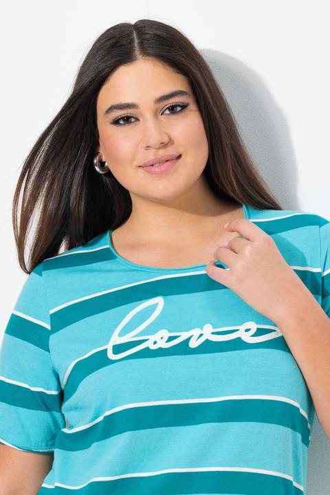 Image du produit Ulla Popken T-shirt rayé avec broderie, décolleté rond et manches courtes, bords roulottés (56)