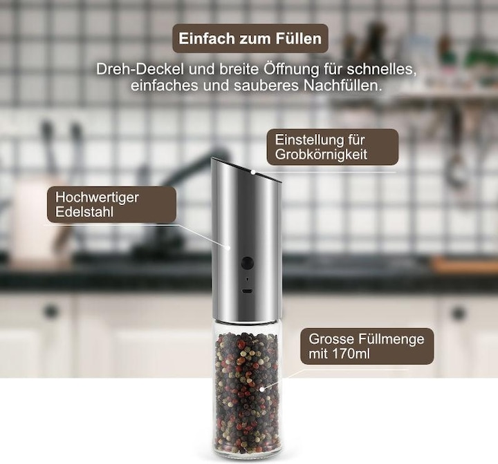 Immagine prodotto Hermex Elektrische Pfeffermühle automatische Gewürzmühle elektronische Mühle (Varie spezie)