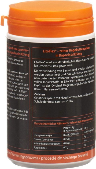 Valeurs nutritives et ingrédients LitoFlex Poudre d'églantierCapsules (150 pièce(s), Capsules, 182 g)