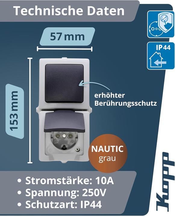 Image du produit Kopp Nautic Interrupteur apparent/humide Combinaison de prises verticale