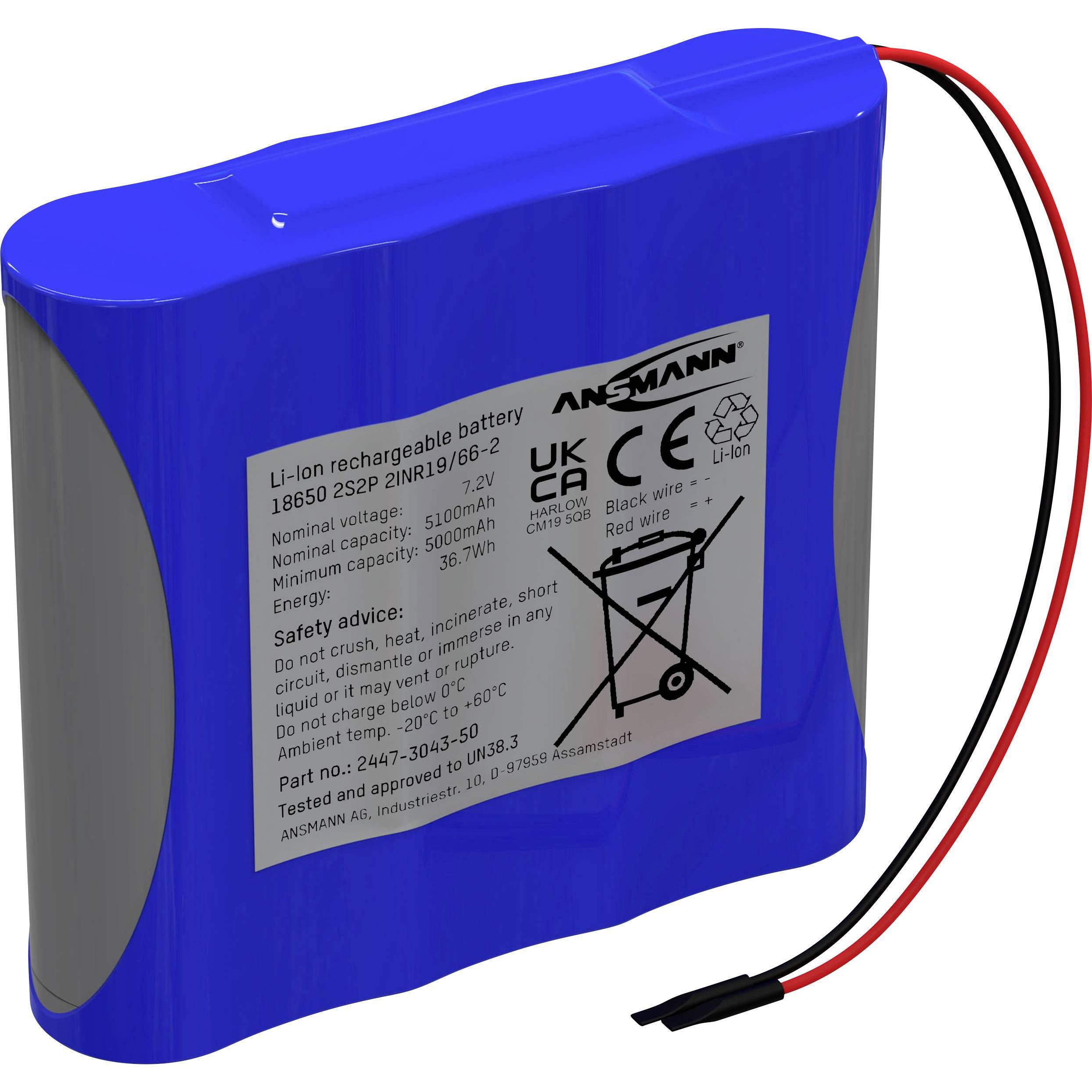 Ansmann Pacco batteria 2S2P 4x 18650 cavo Li-Ion 7,2 V 5100 mAh (1 pz., 18650, 5100 mAh), Batterie + pile