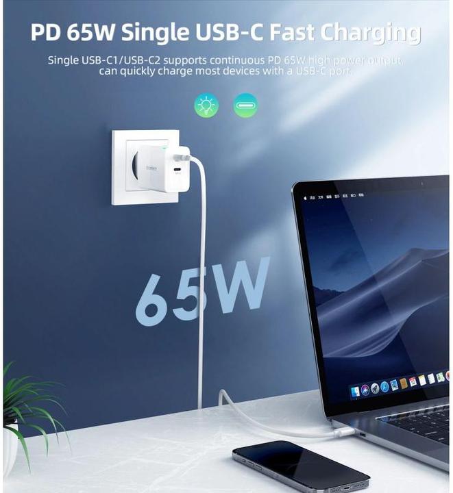 Produktbild Choetech PD6013 2x USB-C PD 65W GaN Wandladegerät – Weiss (65 W, 2 Ports)