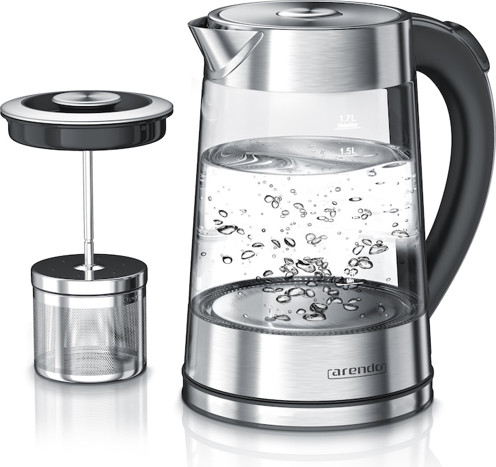 Arendo Kettle 1.7 l, 2200 W, stainless steel & glass with tea strainer, tea maker, temperature selection (1.70 l)