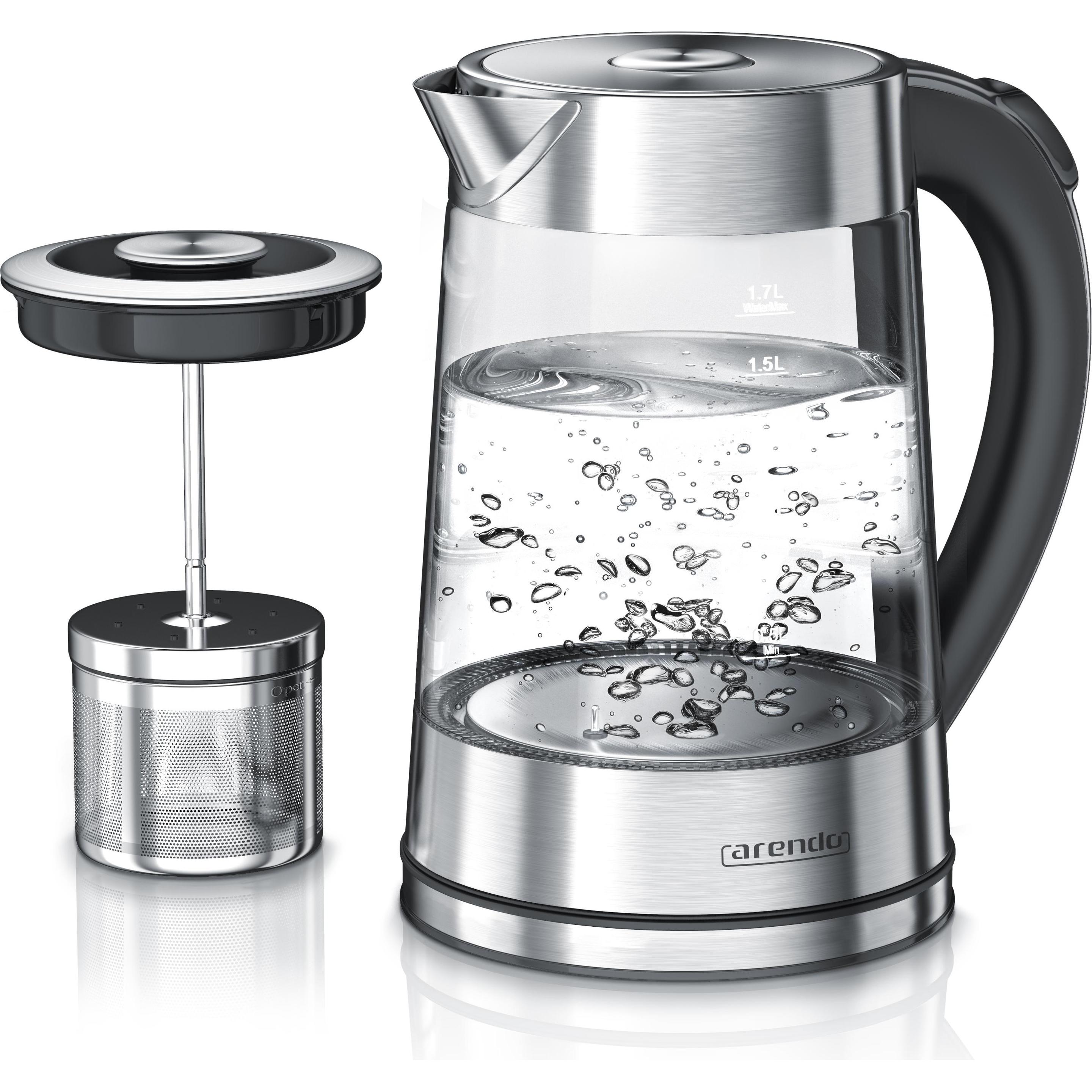 Arendo Wasserkocher 1,7 l, 2200 W, Edelstahl & Glas mit Teesieb, Teekocher, Temperaturwahl 40° C - 100° C, Wasserkocher,...