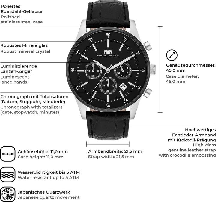 Produktbild Herren Chronograph Goodwill Echtleder schwarz - 4406 (Chronograph, 45 mm)