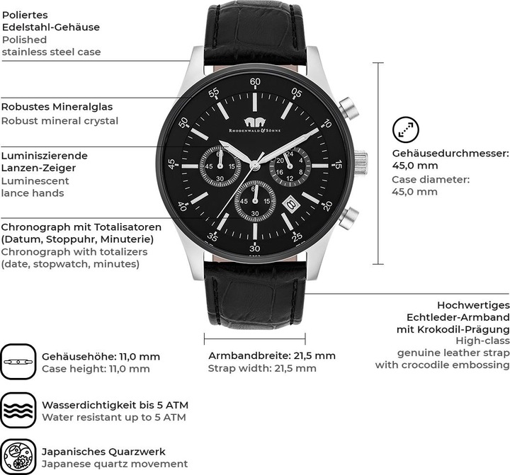 Image du produit Hommes Chronographe Goodwill cuir véritable noir - 4406 (Chronographe, 45 mm)