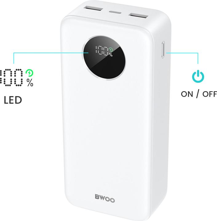 Actual product image Bwoo 22,5W 30000 mAh power bank with LCD screen, white (30000 mAh, 20 W, 111 Wh)