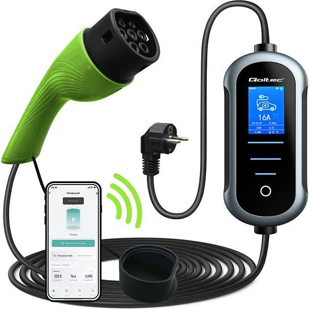 Qoltec, Stazione di ricarica auto elettriche, Mobile Lader für Auto EV m. Reg. Typ2 3.5kW (Tipo 2, 3.50 kW)