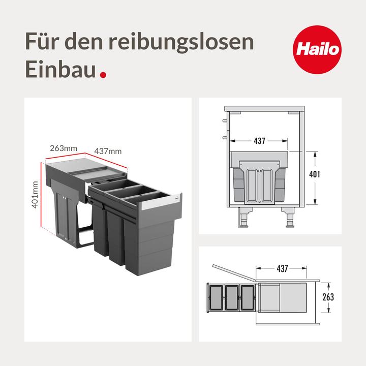 Image du produit Hailo Abfallsammler 3666921 Terzett 3x8 Liter Abfalltrennsystem Einbau-Mülleimer für Unterschränke a (24 l)