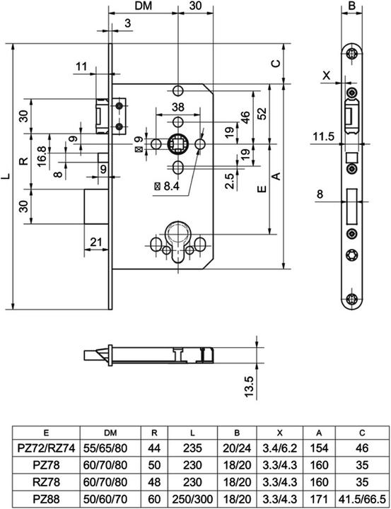 Produktbild Glutz Panik-Einsteckschloss 12410 SV PB (Einsteckschloss)
