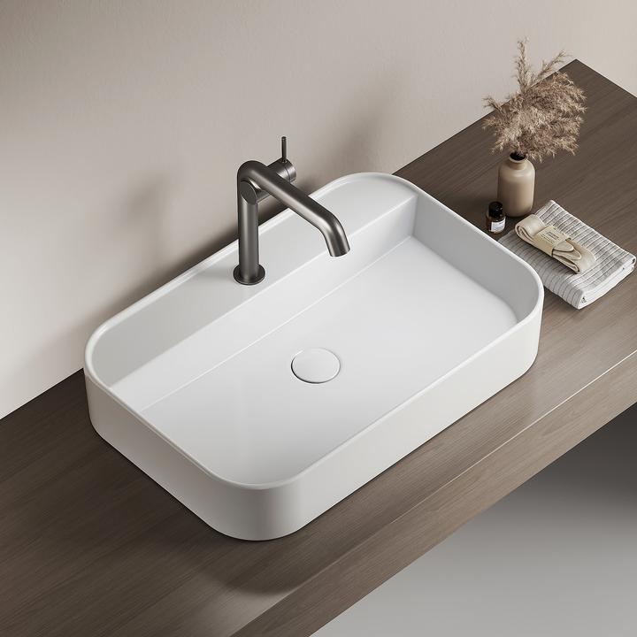 Produktbild Emke Aufsatzwaschbecken Keramik Waschbecken Hängewaschbecken Eckiger Waschtisch Weiss Glänzend (Mit H (400 mm, 600 mm)