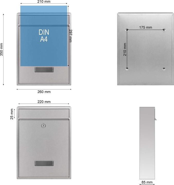 Immagine prodotto Wiltec Cassetta delle lettere V10 in acciaio inox 260x90x350mm serratura targhetta Postbox
