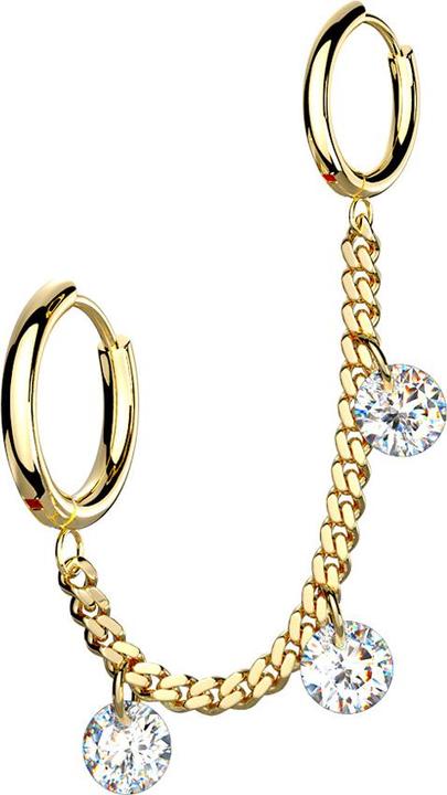 Actual product image Star Piercing Earring gold plated chain with earring and three crystals (without brass, Surgical steel 316L)