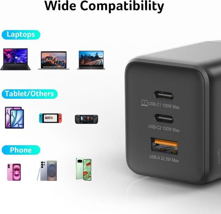 Produktbild Acer GaN charger 2x USB-C + 1x USB-A black (100 W, 3 Ports)