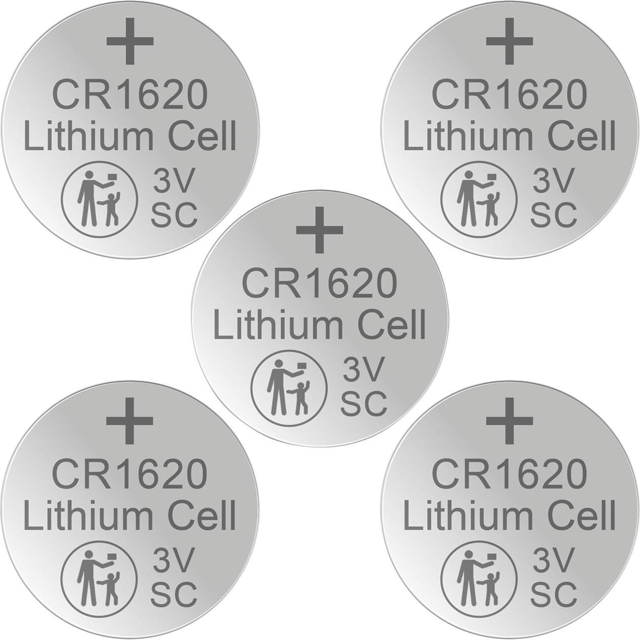 Hückmann Pile a bottone al litio CR1620, 3V / 70mAh, set da 5 (5 pz., CR1620, 70 mAh), Batterie + pile
