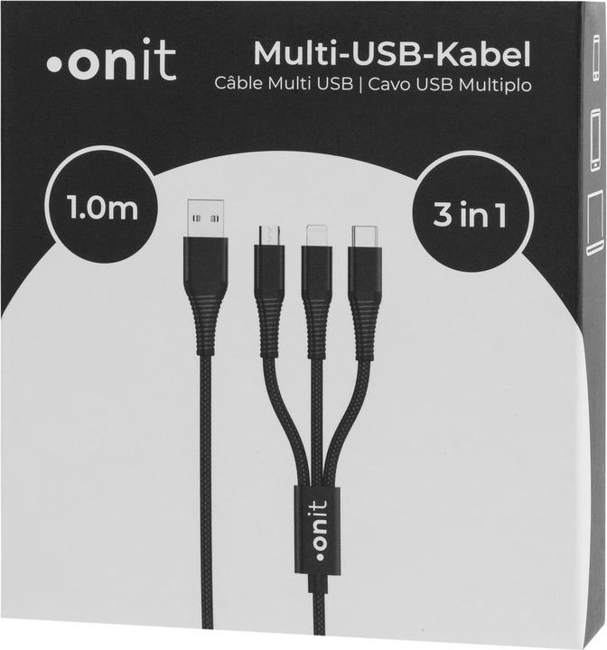 Produktbild Onit USB-Ladekabel USB A - Lightning/Micro-USB B/USB C 1 m (1 m, USB 2.0, 12 W)