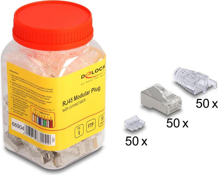 Produktbild Delock RJ45 Modularer Stecker mit gebogener Rastnase Cat.6 und Knickschutztülle 50er Set (Netzwerkkabel Stecker)