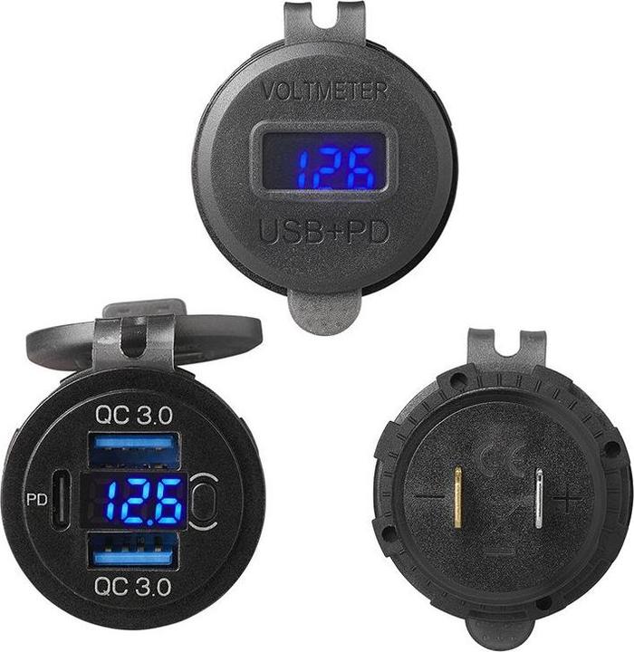 Produktbild ProPlus USB-Einbausteckdose dreifach mit 2x Typ A und 1x Typ C + Voltmeter