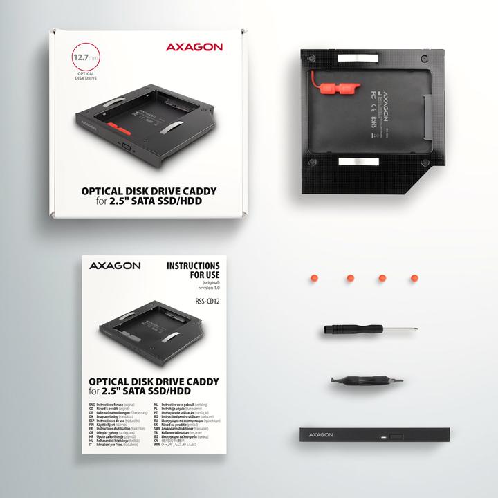 Actual product image Axagon RSS-CD12 2.5 inch SSD/HDD adapter for optical drive, 12.7 mm, LED