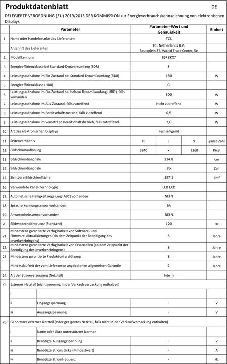 Nutritional values and ingredients TCL 85P8K 85" 4K QLED HDR Smart TV (85", 4K, 2025)