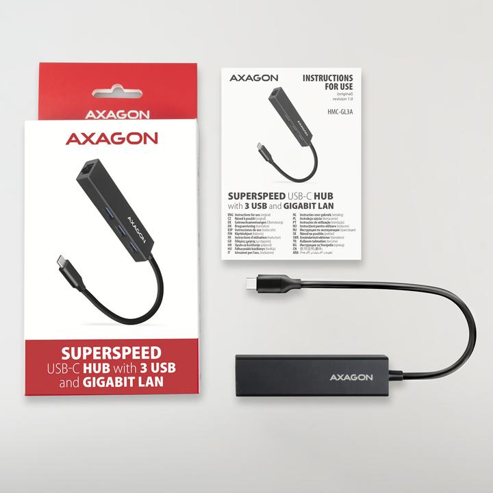 Produktbild Axagon HMC-GL3A USB-C-Hub, 3x USB-A, Gbit-LAN (USB-C, 4 Ports)