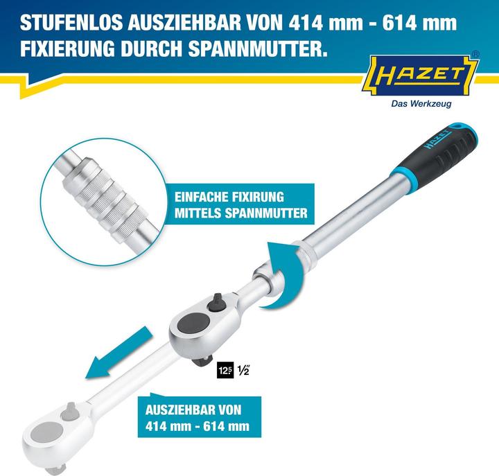 Actual product image HAZET HiPer fine-tooth reversible ratchet ∙ extendable 916HPLG ∙ Square, solid 12.5 mm (1/2 inch) ∙… (1/2")