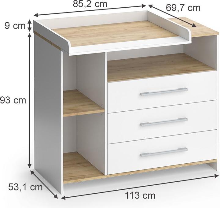 Produktbild Vicco Wickelkommode Oskar, Weiss/Goldkraft Eiche, 113 x 93 cm mit 3 Schubladen