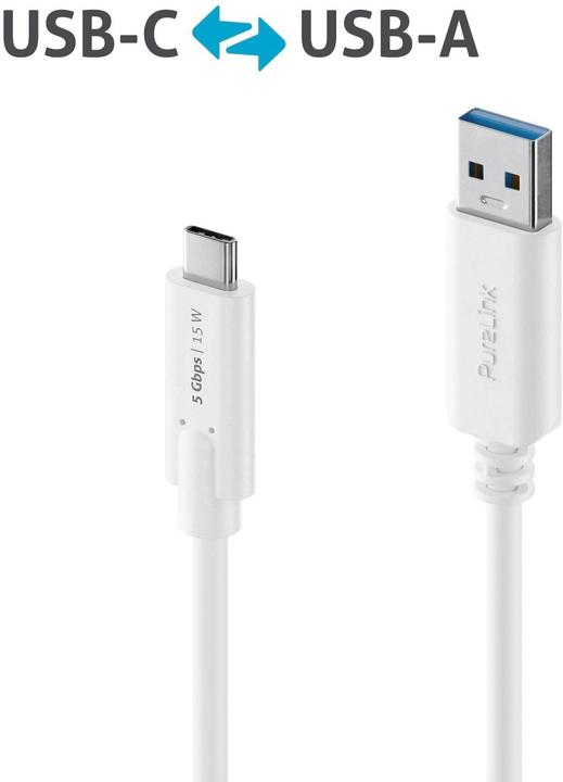 Image du produit Purelink Câble USB 3.1 (Gen 1) USB C - USB A 1,5 m Blanc (1.50 m, USB 3.2 Gen 1, 60 W)
