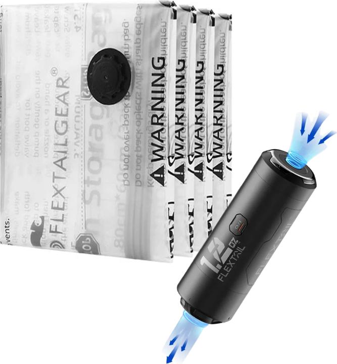 Flextail Pompa Zero + sacchetti sottovuoto per vestiti (4 pezzi) - Set da viaggio