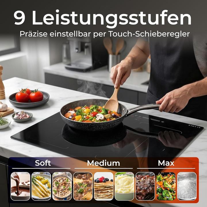 Produktbild KLAMER Induktionskochfeld 60 cm, 4 Zonen mit 2 Flexzonen, 7400 Watt, Boost Funktion, 9 Leistung… (59 cm, Induktionskochfeld)