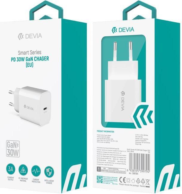 Actual product image Devia wall charger Smart PD GaN 30W 1x USB-C white (30 W, 1 portion)