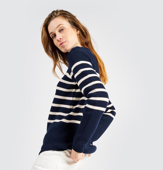 Immagine prodotto Tribord Pullover da donna in maglia da vela, 100 blu navy con righe beige (S)