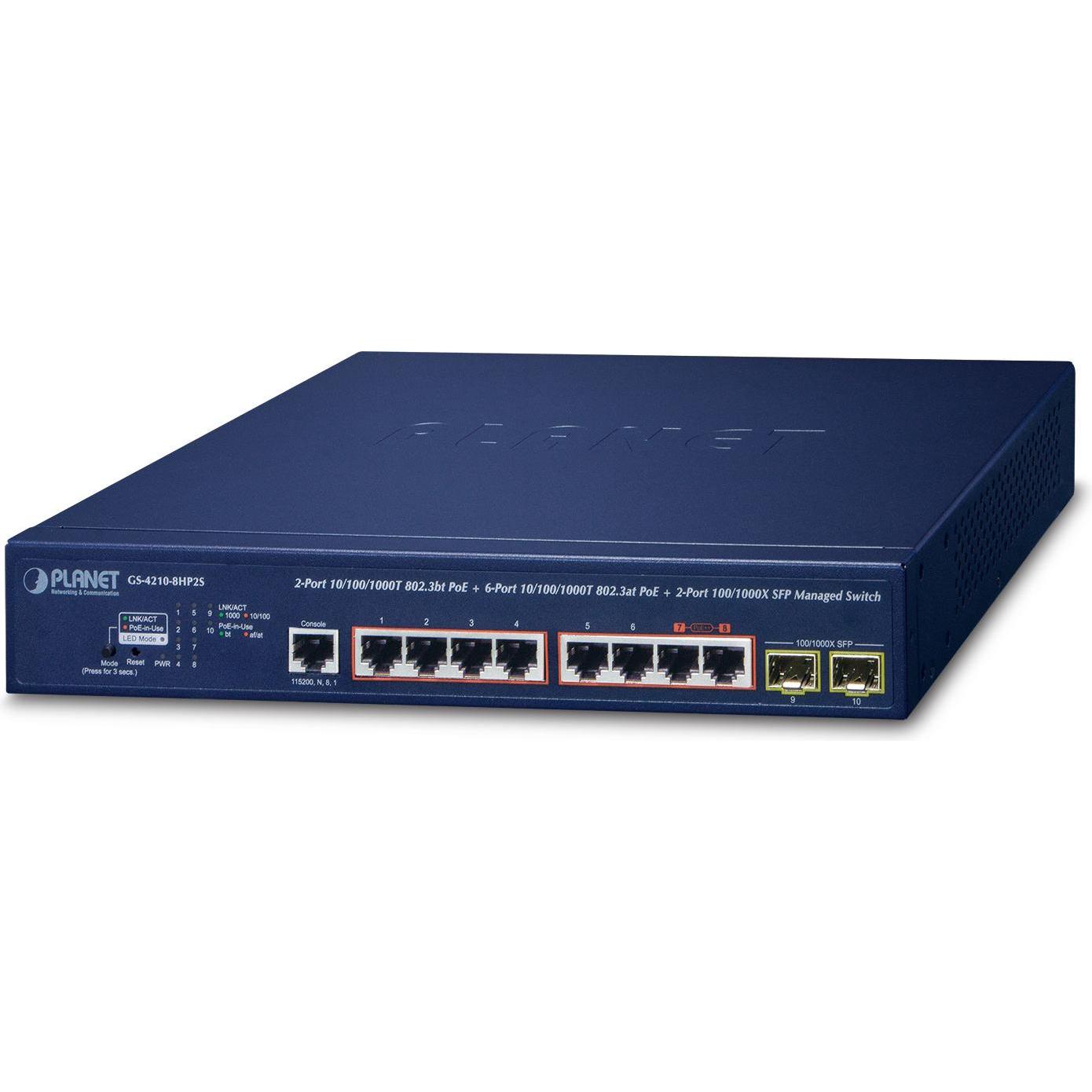 Planet 2Port GE 802.3bt + 6Port GE 802.3at + 2Port 1000X SFP (8 Ports), Netzwerk Switch, Blau