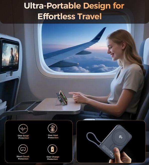 Immagine prodotto Choetech PowerLeap 15W Qi2 Wireless Powerbank 10'000mAh mit integriertem USB-C Kabel (max. 35W) (10000 mAh, 30 W, 38.50 Wh)