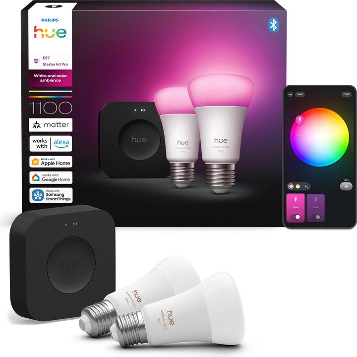 Actual product image Philips Hue Starter Kit Bridge Pro + LED White & Color Ambiance (E27, 8.10 W, 1100 lm, 2 x, D)