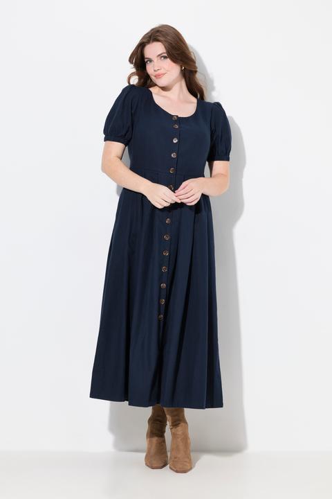 Image du produit Ulla Popken Robe maxi en lin mélangé, décolleté rond et manches courtes, empiècements smokés (50, 52)