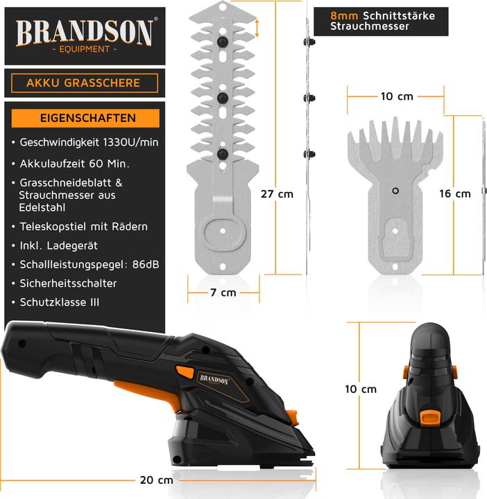 Produktbild Brandson Akku Grasschere, elektrische Garten Strauchschere, Teleskopstange 90-130 cm mit Rädern, Rasenschere (Akkubetrieb, Netzbetrieb)